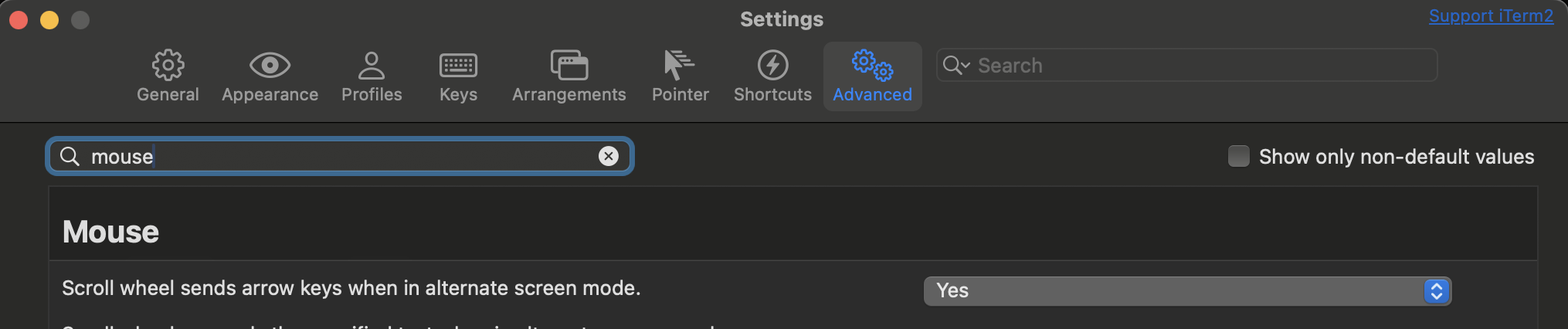 iTerm2 alternate screen mode setting