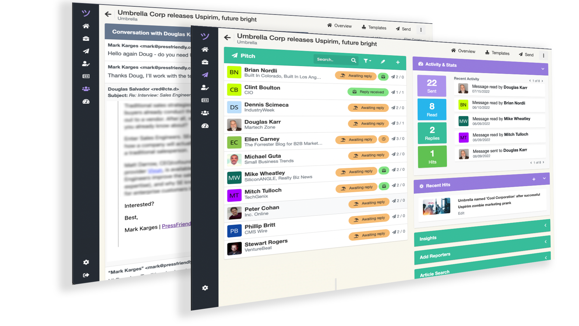 PitchFriendly — conversation view, pitch list, and reporter details
